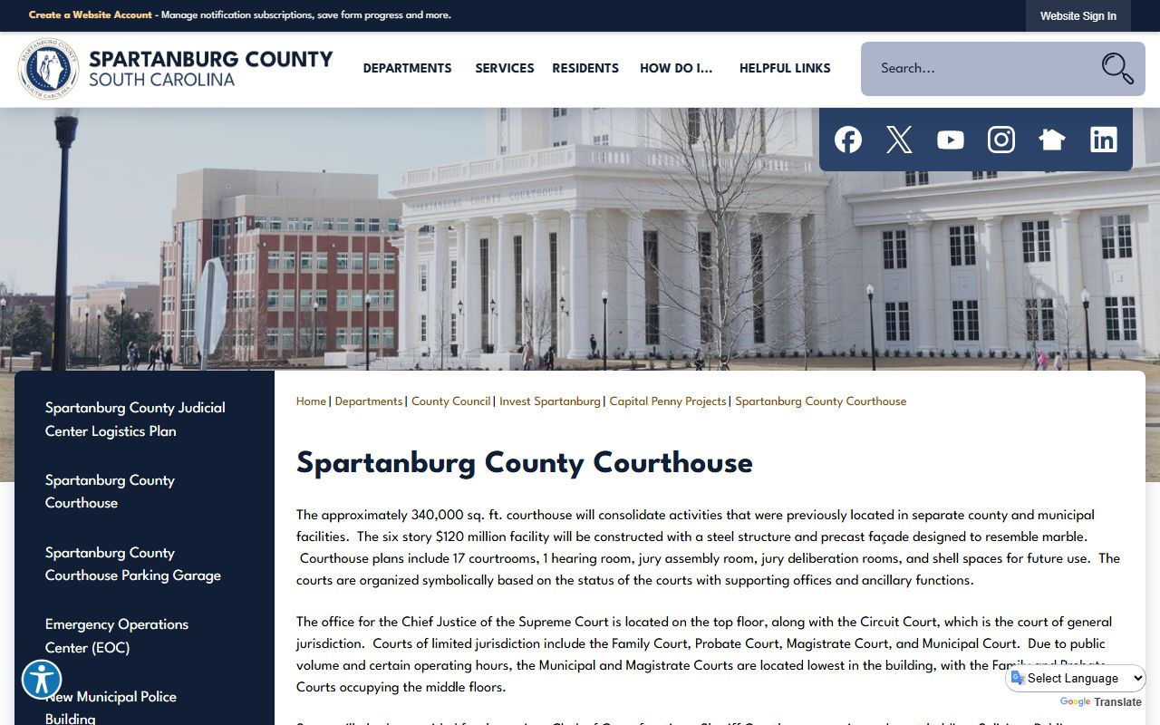 Spartanburg County courthouse project page with new judicial center details