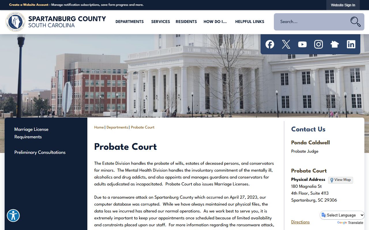 Spartanburg County Probate Court page with marriage and estate record information