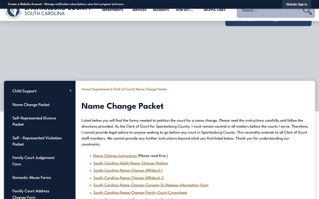 Spartanburg County Clerk of Court name change packet for court records filings