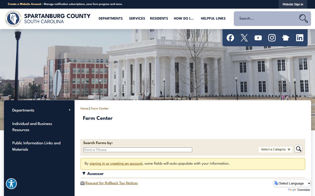 Spartanburg County Form Center with Clerk of Court records categories