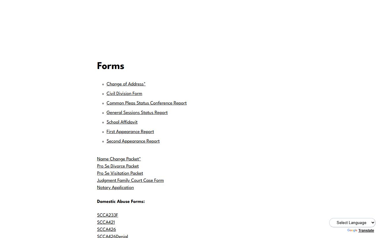 Spartanburg County court forms page with Clerk of Court records packets