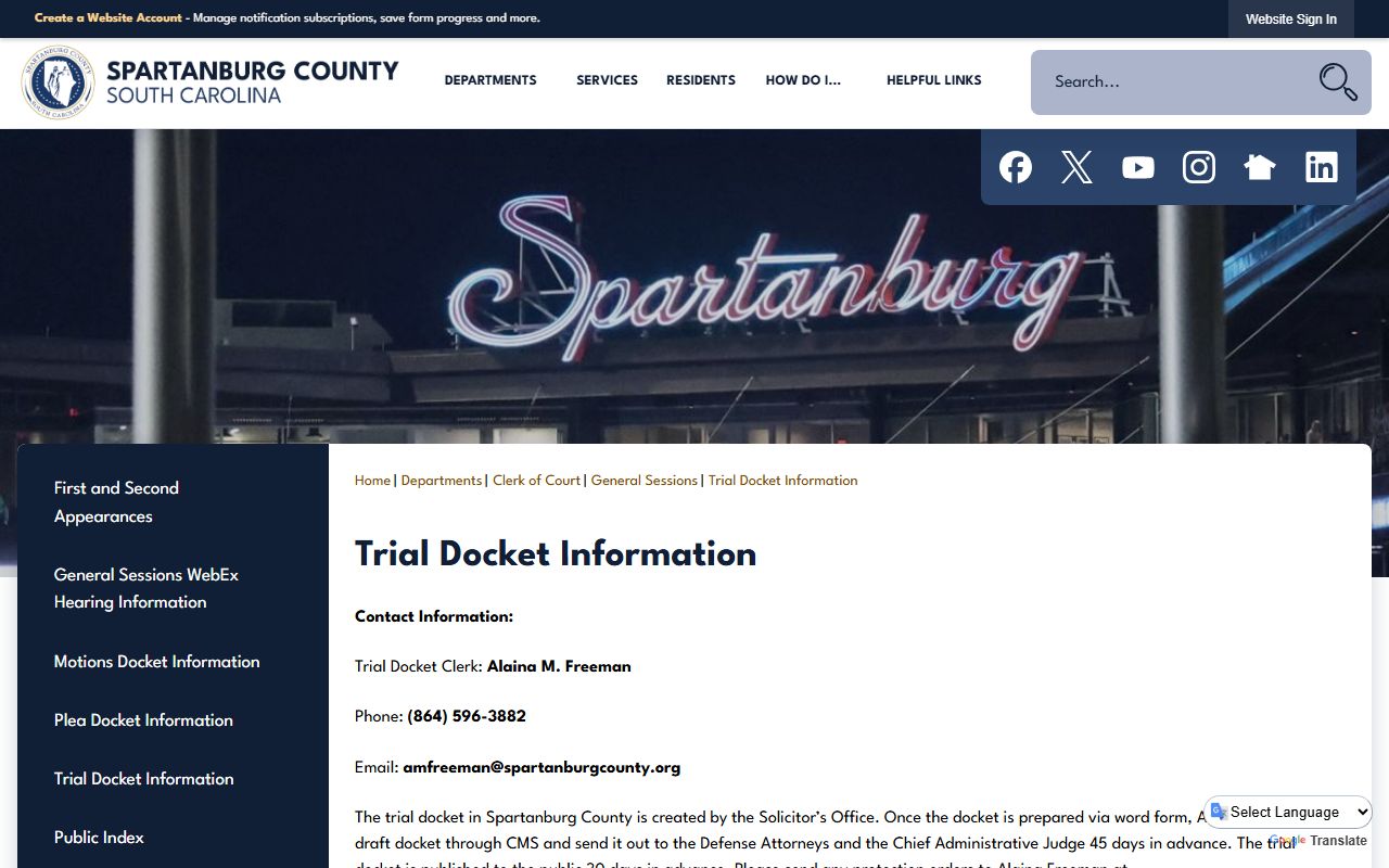 Spartanburg County General Sessions trial docket information page