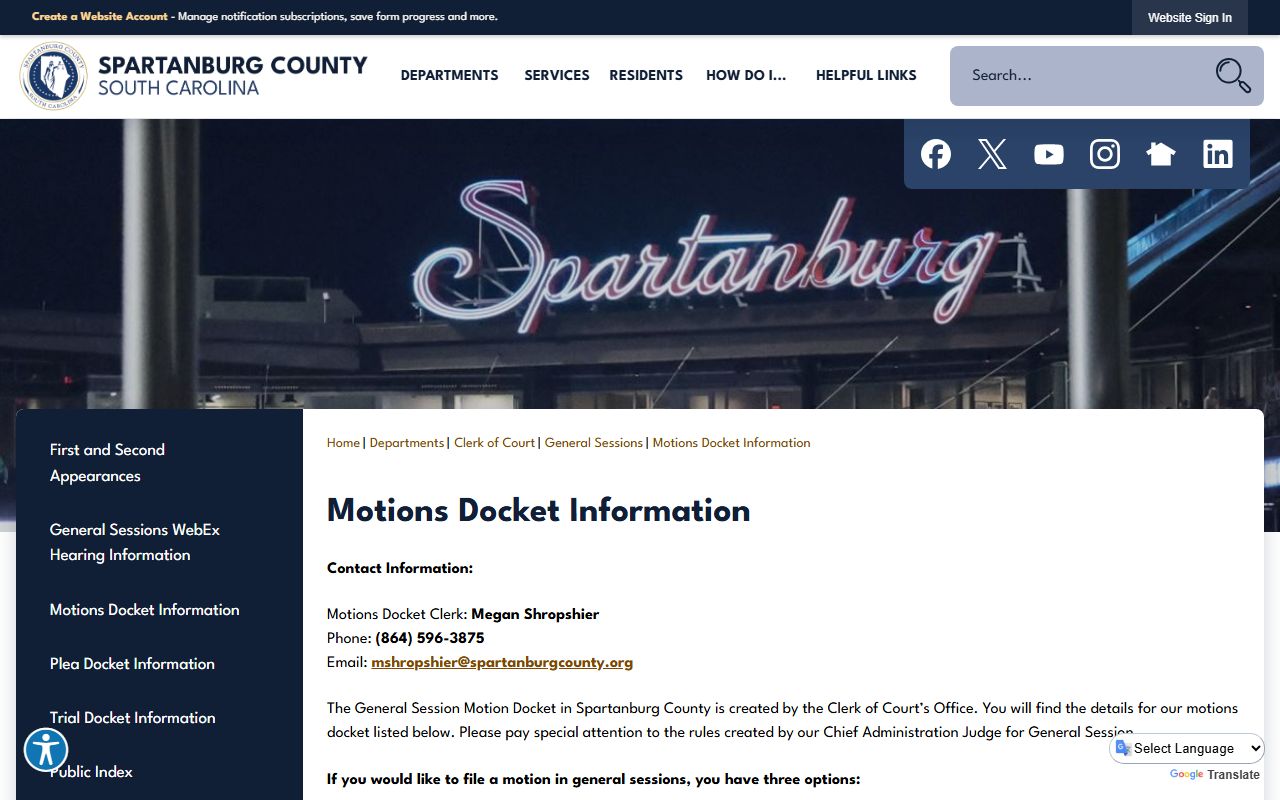 Spartanburg County General Sessions motions docket information page