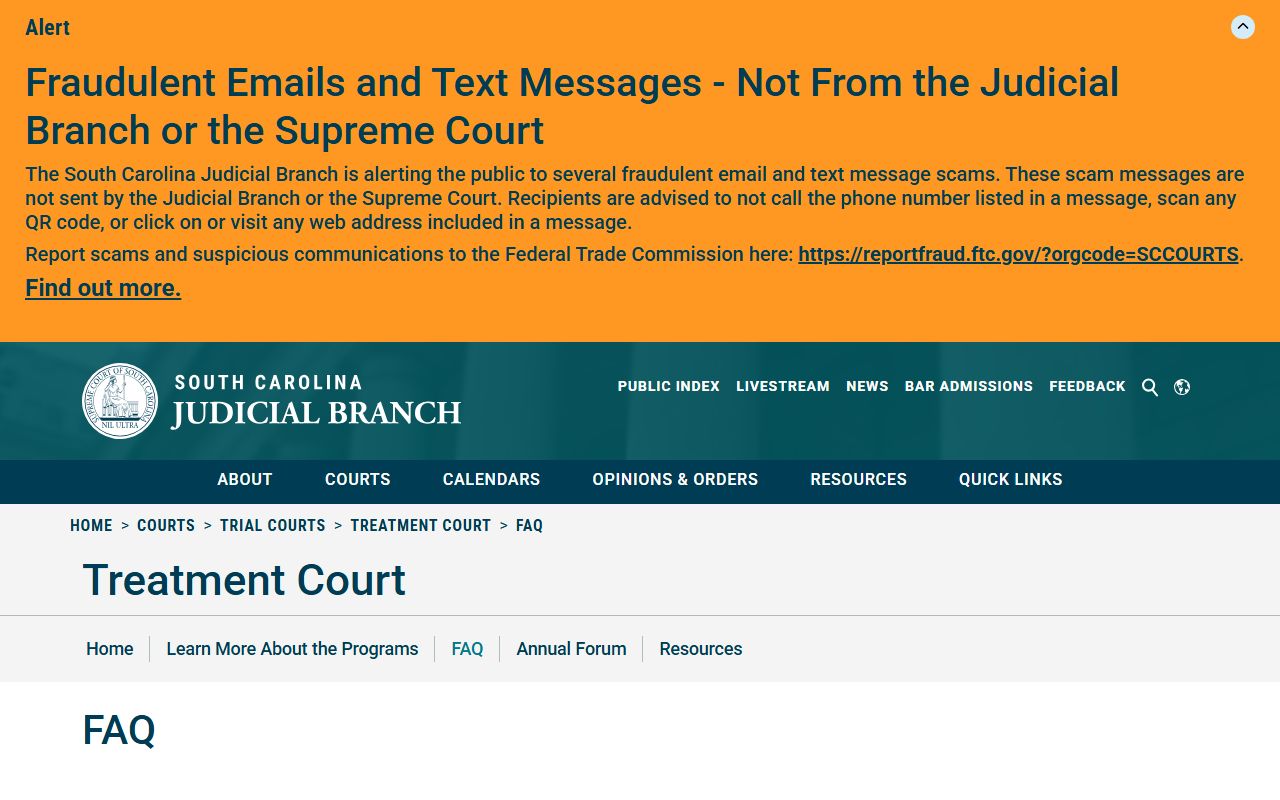 SC treatment court FAQ explaining diversion that affects Spartanburg County court records
