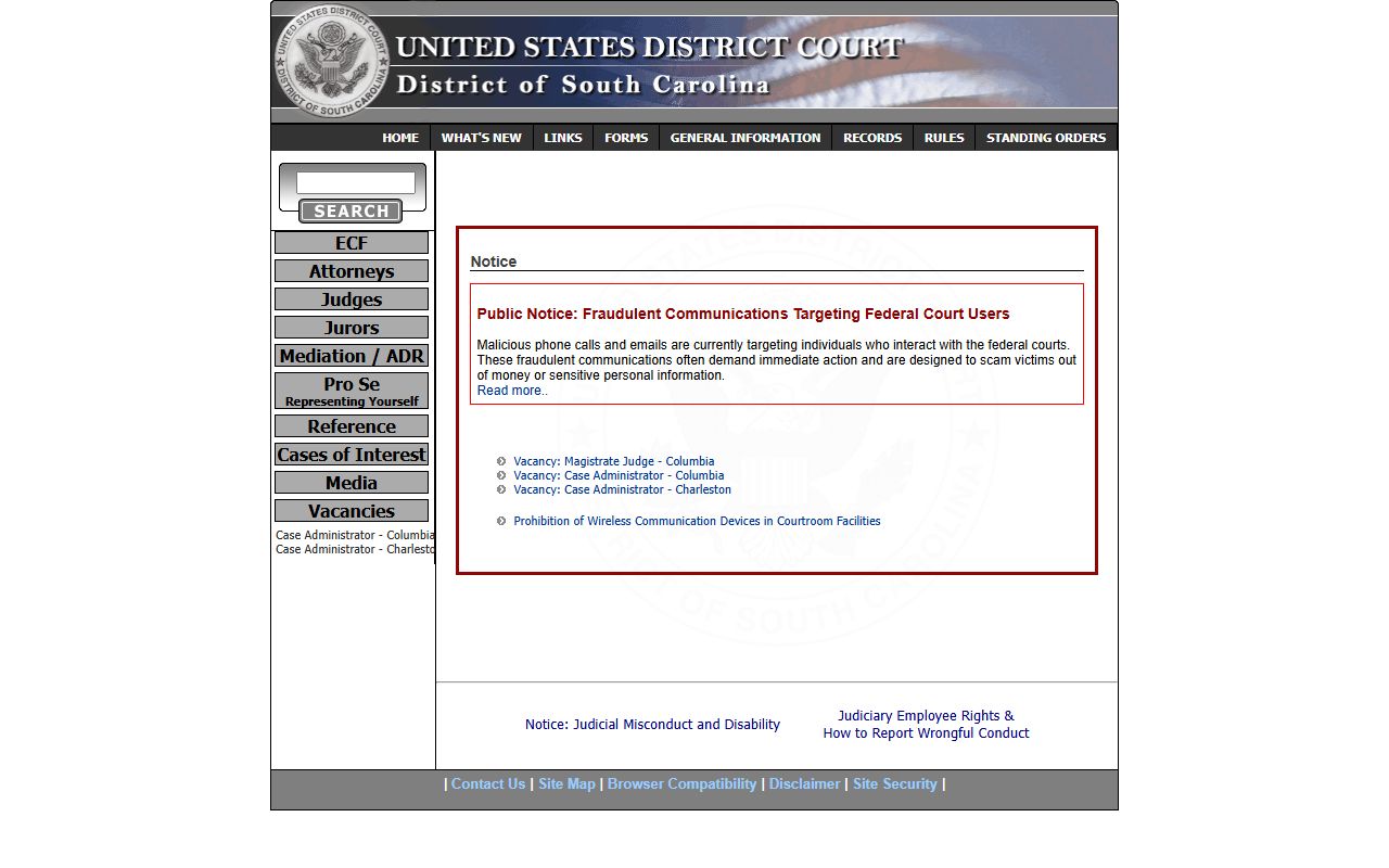U.S. District Court for South Carolina home page serving Spartanburg County court records