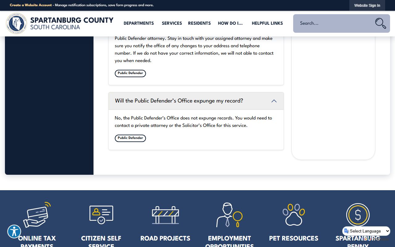 Spartanburg County Public Defender FAQ noting it does not handle divorce or civil matters