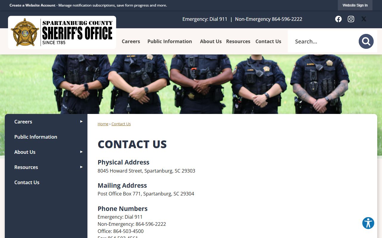 Spartanburg County Sheriff contact page with warrant records phone numbers