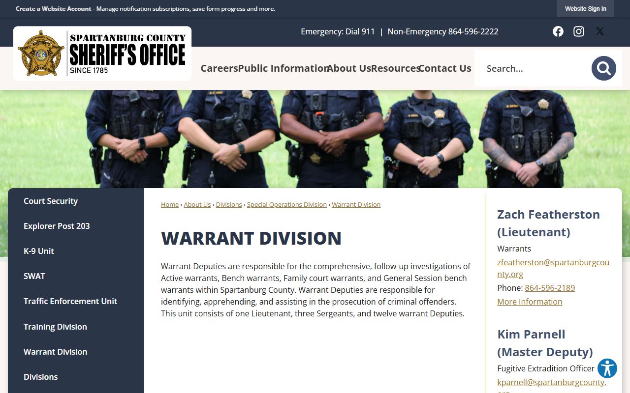 Spartanburg County Sheriff Warrant Division page with warrant records details
